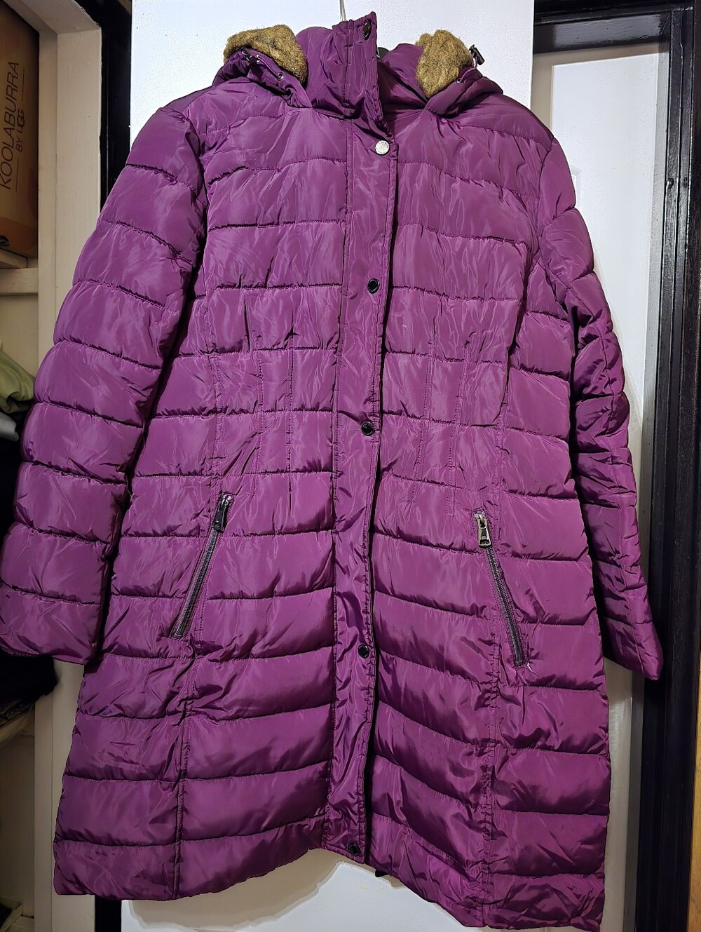 Kenneth Cole Women's Long Quilted Hooded Puffer Coat Jacket in Plum - Size Large